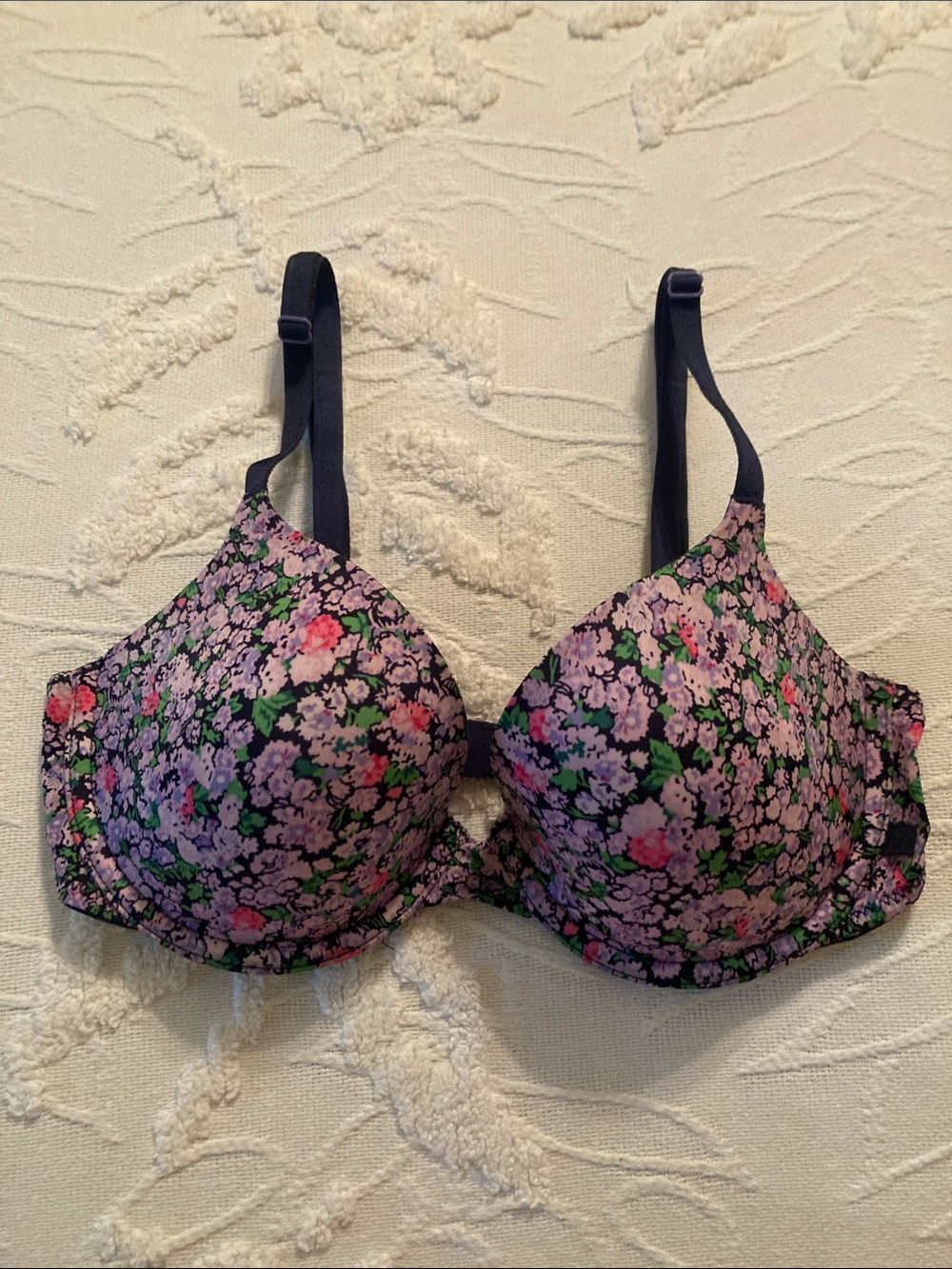 Victoria's Secret Black Floral T-Shirt Bra with Pink & Green Accents